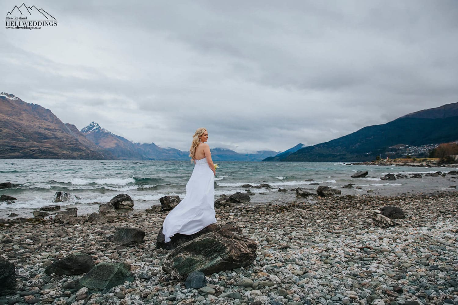 Bride by the lake in Queenstown , Queenstown Wedding photography