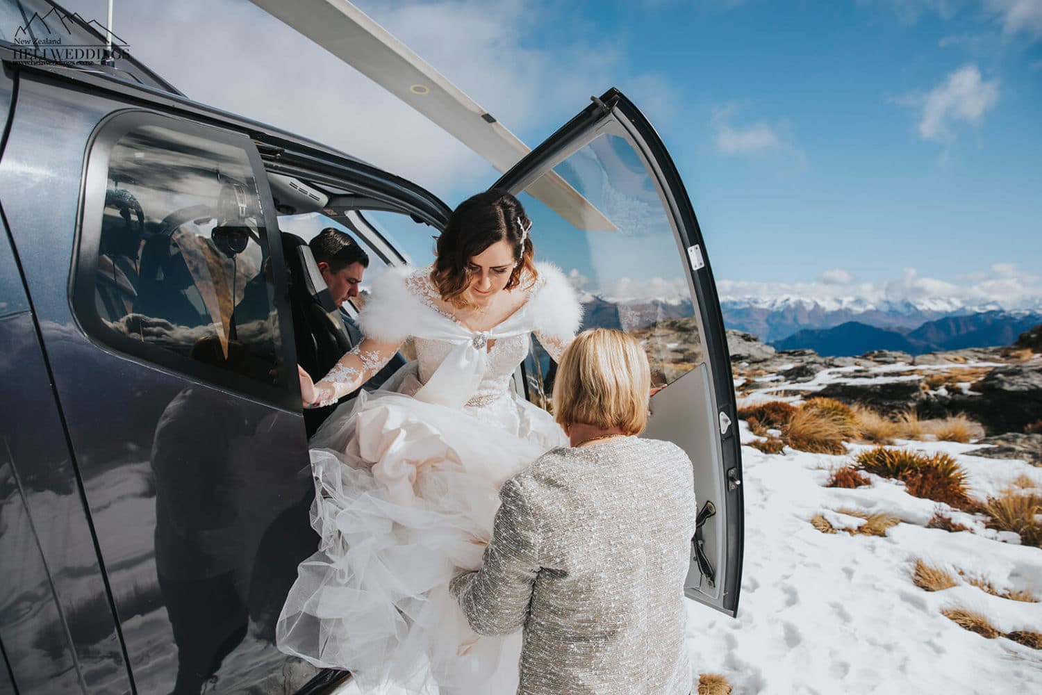 Bride arriving in helicopter to wedding in New Zealand