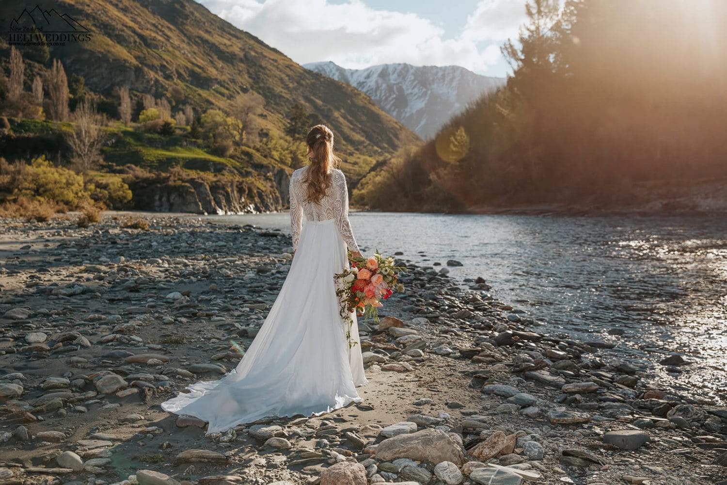 Queenstown destination wedding by the river at sunset