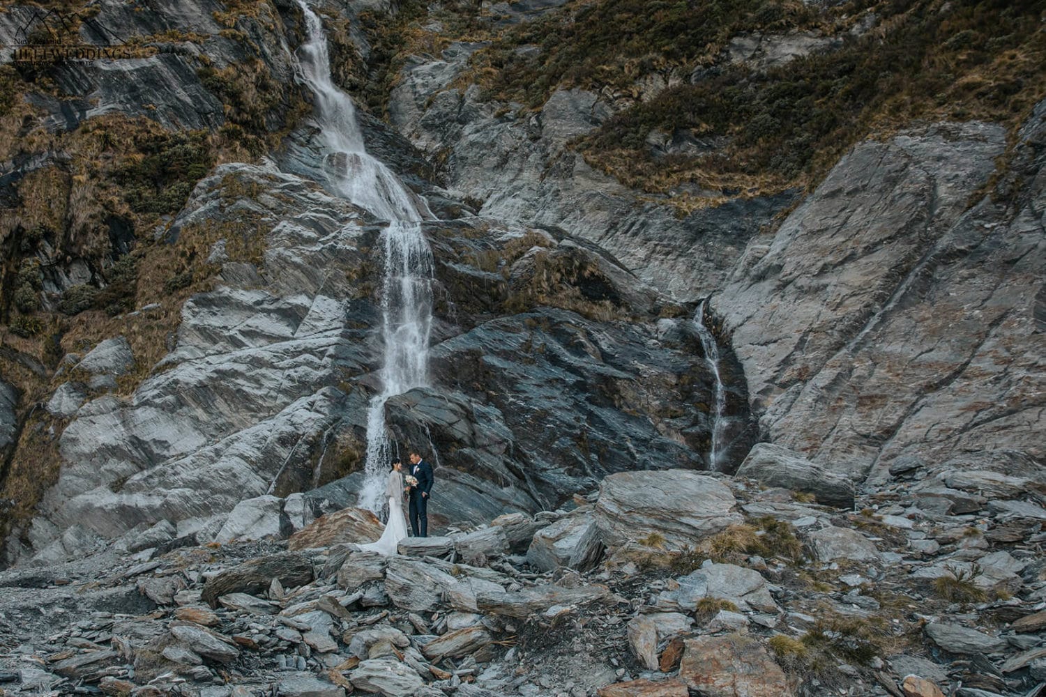 Waterfall wedding photos at Lochnagar Queenstown