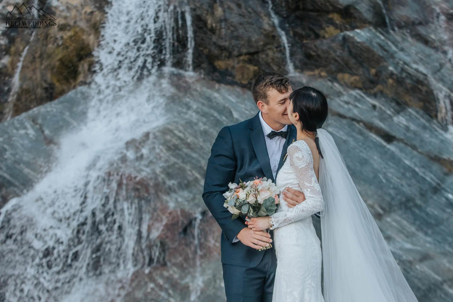 Waterfall wedding photos at Lochnagar Queenstown