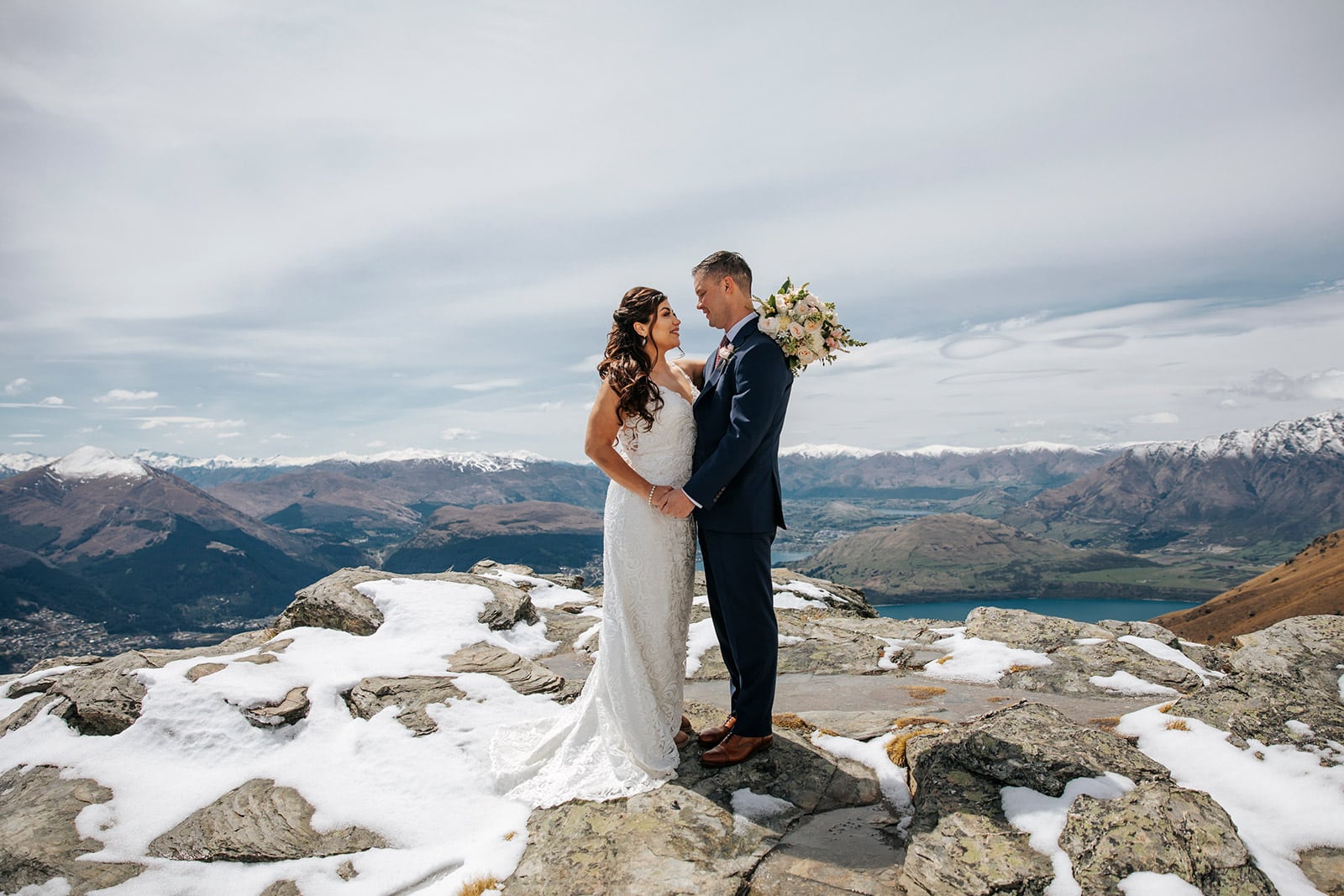 Heli Wedding photography on the ledge in winter
