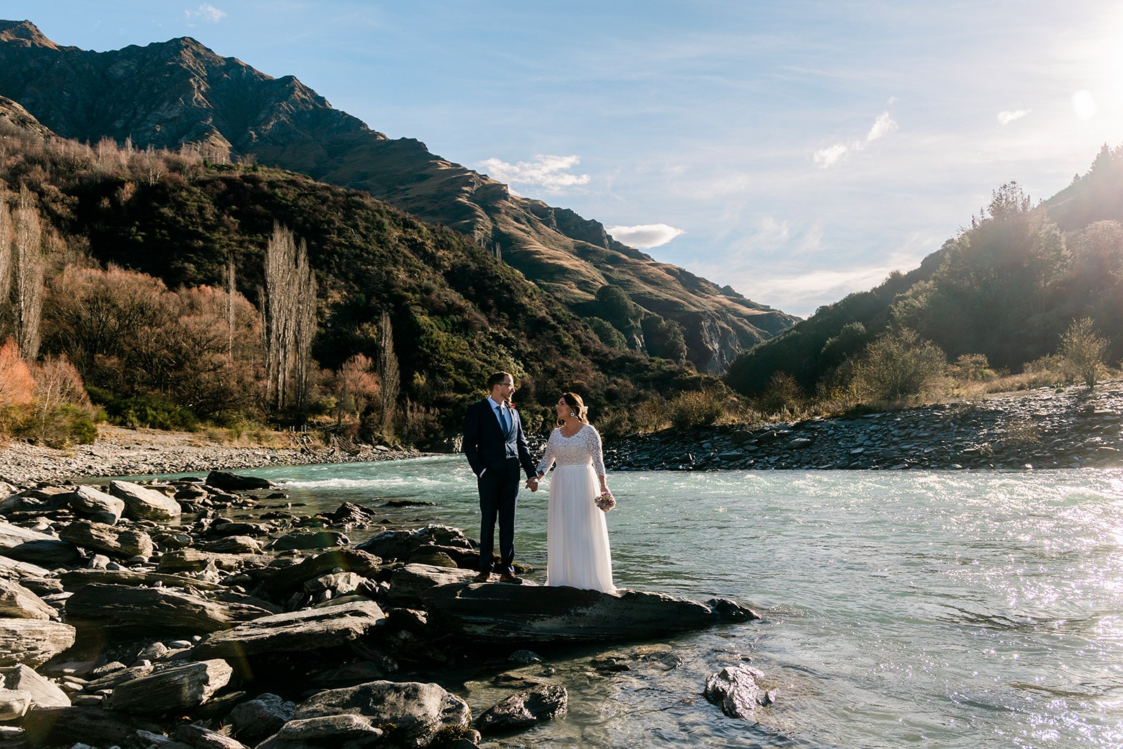 Wedding photos by the river in Queenstown