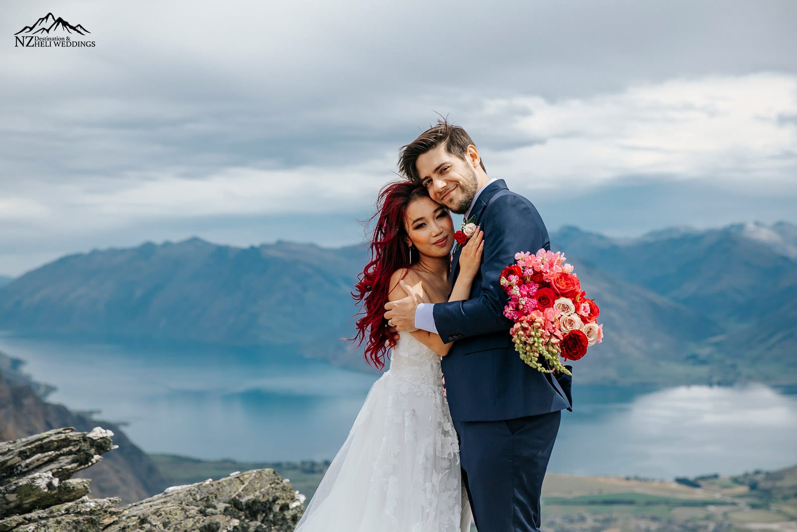 NZ elopement wedding bride with red hair on The Remarkables