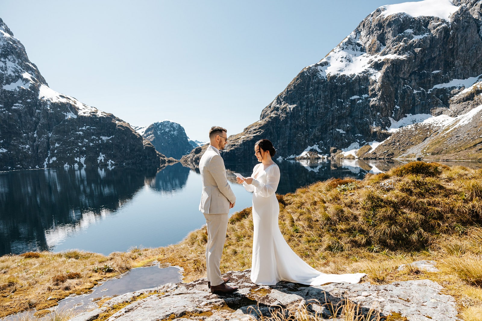 Milford Sounds Heli Wedding, Luxury elopement in New Zealand, Wedding ceremony at Lake Quill