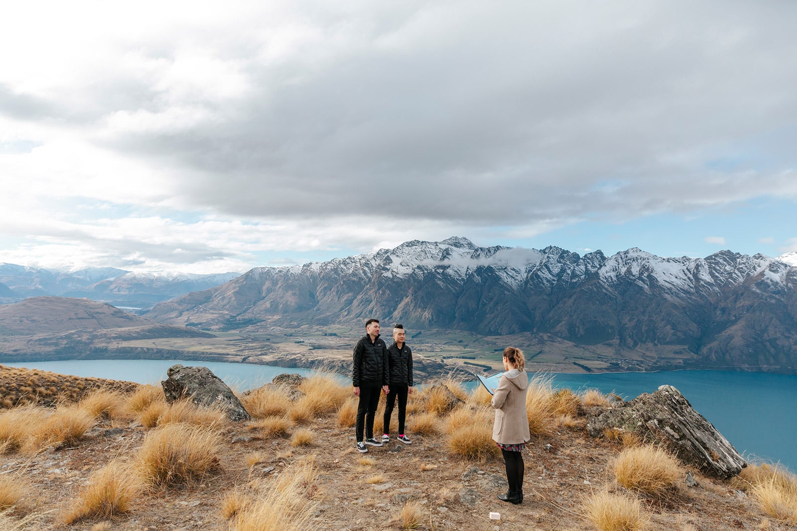 Same sex wedding with two grooms on Queenstown