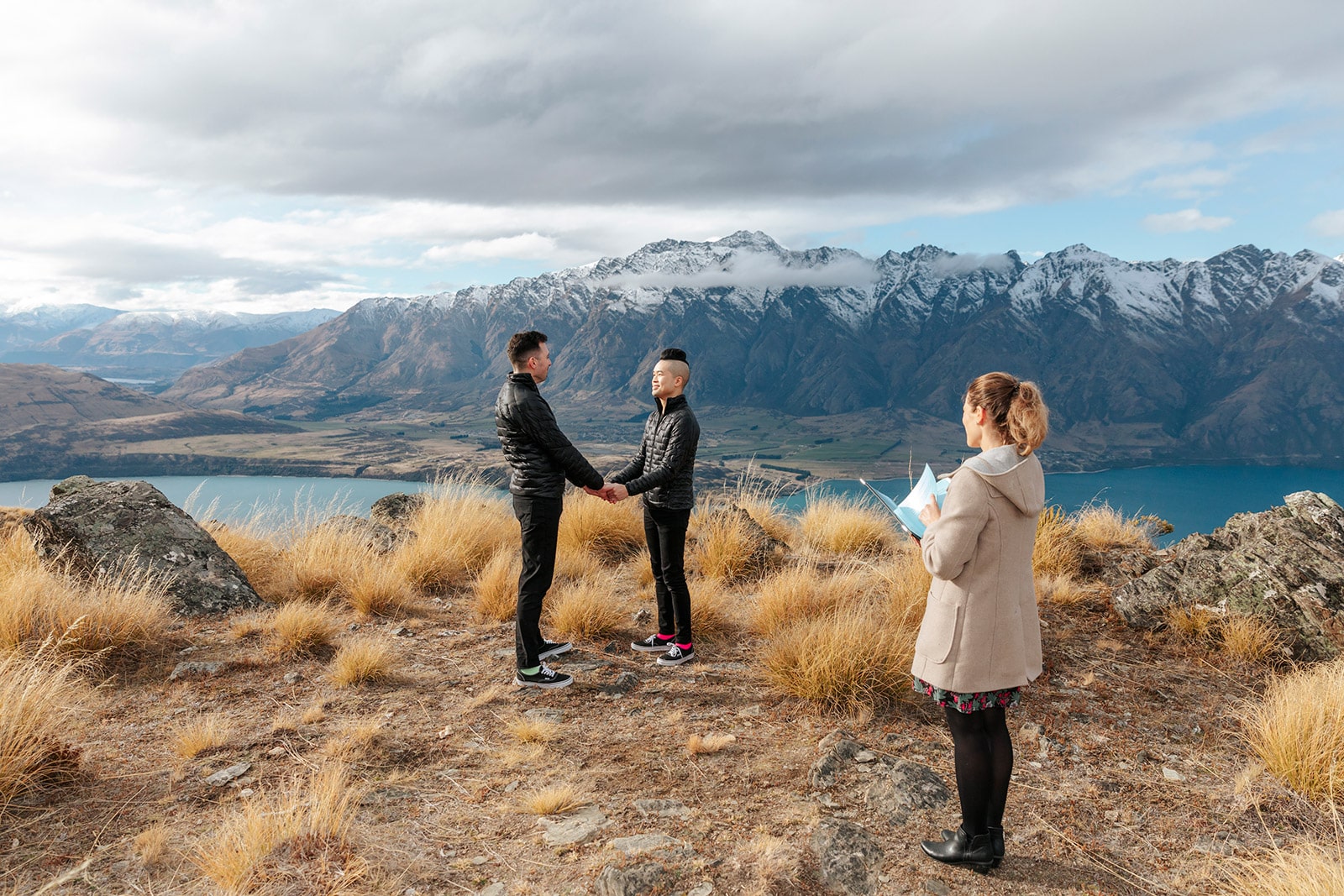 Same sex wedding with two grooms on Queenstown
