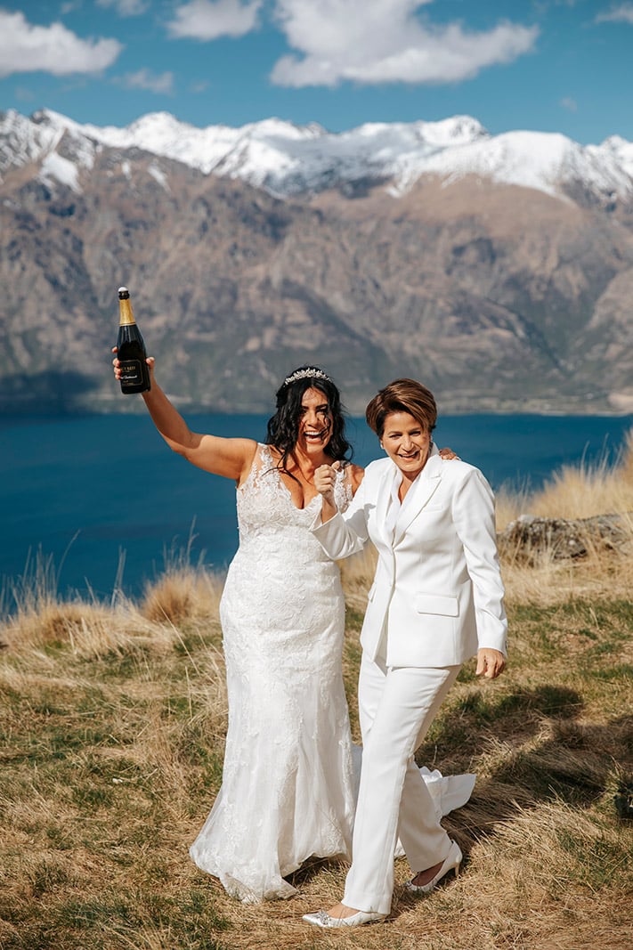 Same Sex heli wedding in Queenstown with two brides LBGTQ wedding NZ