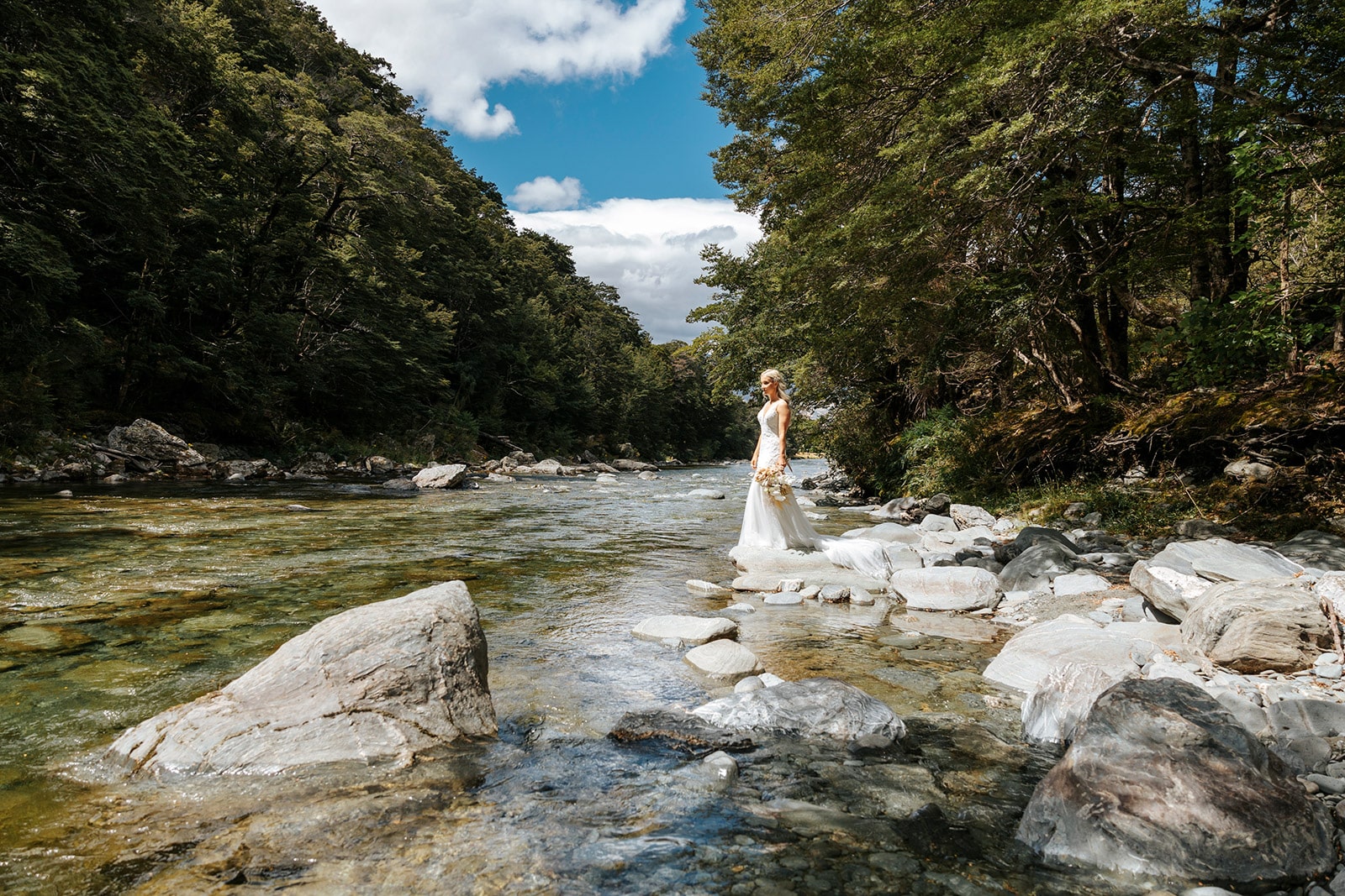 Heli Wedding in a beautiful forrest next to a river in Queenstown, secret wedding locations