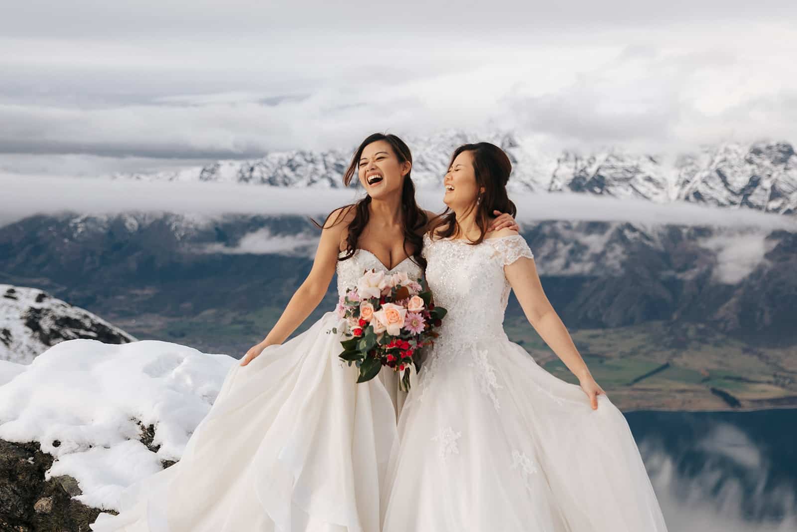 Winter heli wedding in Queenstown, Same sex Wedding with two brides in white dresses