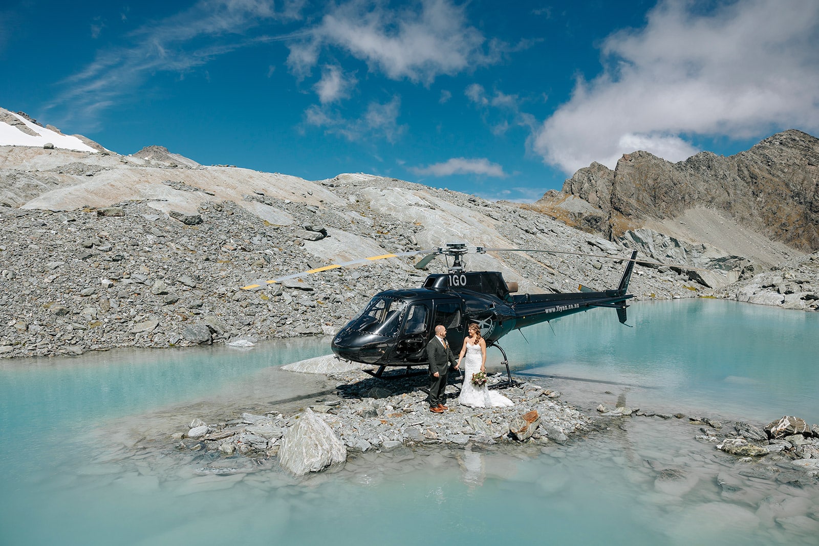 Heli wedding at glacier with Blue Lakes in Queenstown New Zealand